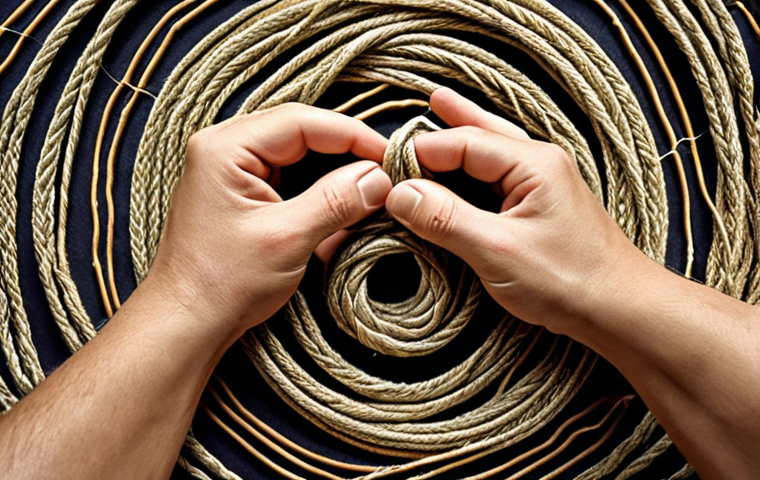 **Prompt:** A complex, interwoven knot made of various threads, each thread subtly representing a different underlying cause of conflict such as misunderstanding, personal interest, or unaddressed emotions. A soft, guiding light illuminates the knot's core, and a human hand gently begins to untangle one of the threads, symbolizing the deep analysis and discovery of root causes. Emphasize a sense of clarity, problem-solving, and the beginning of resolution. Style: symbolic, thought-provoking, with a focus on detail and texture.
