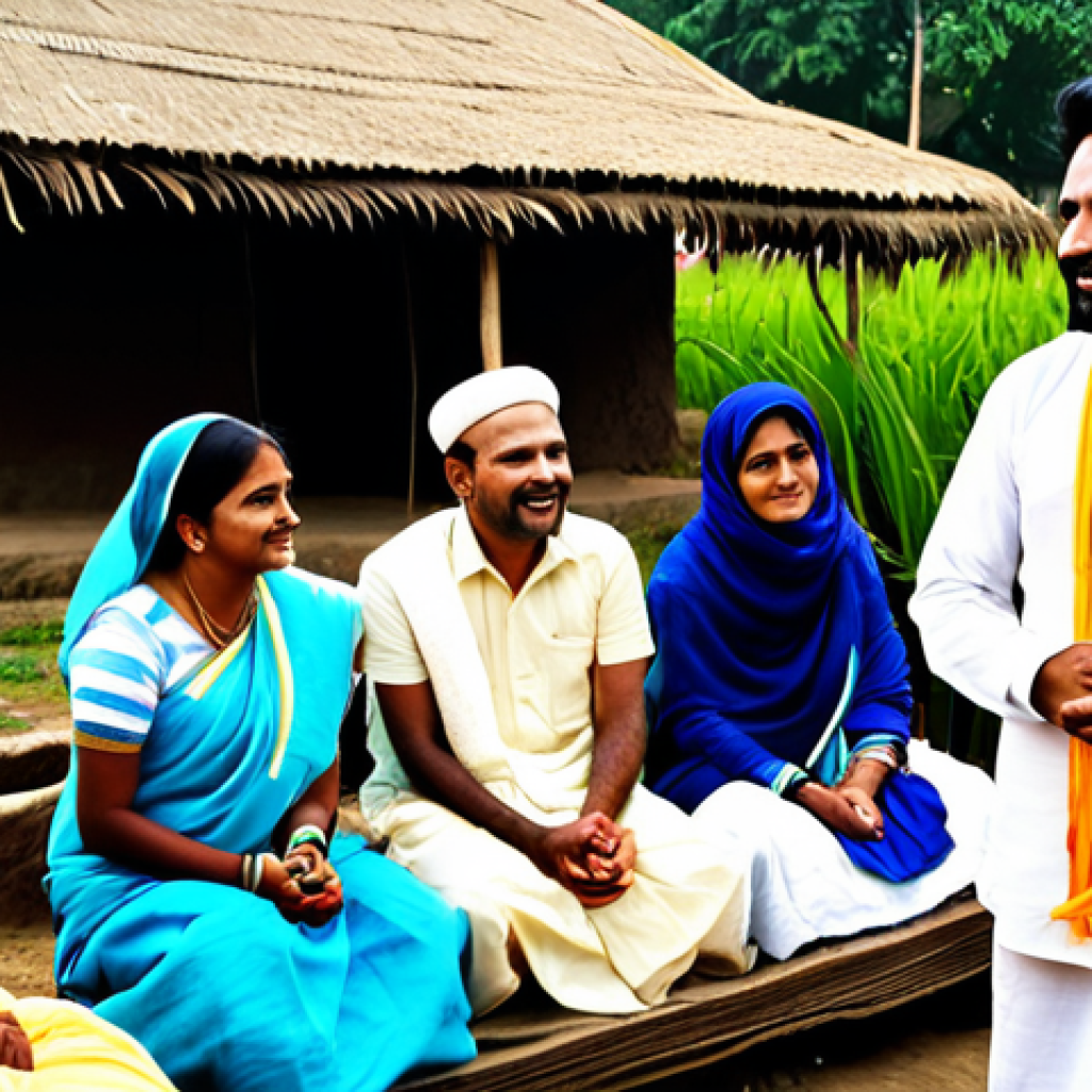 **

A confident community leader, fully clothed in a traditional Bengali outfit (e.g., sari or punjabi), addressing a group of people in a village setting. The scene should convey trust and engagement. Focus on positive facial expressions and a warm, inviting atmosphere. Perfect anatomy, correct proportions, professional lighting, safe for work, appropriate content, modest attire, family-friendly.

**