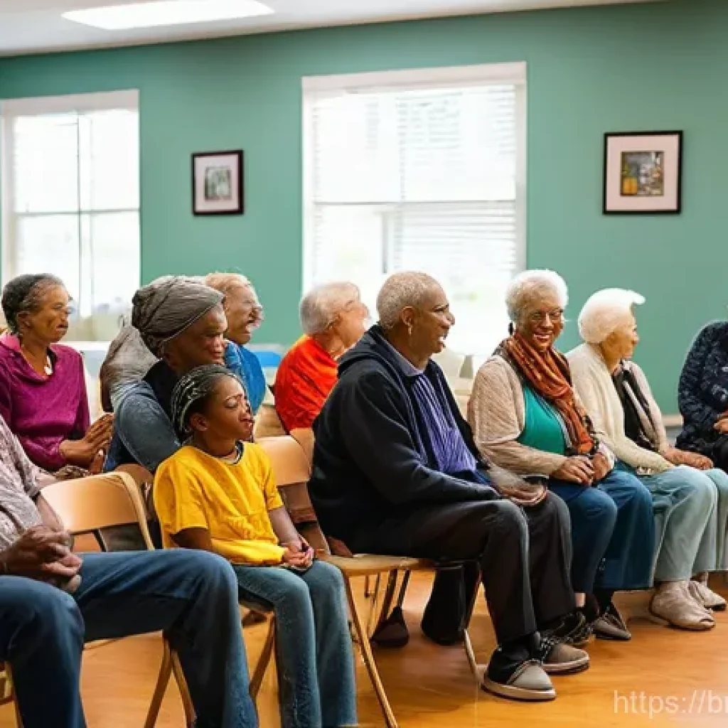 커뮤니티 내 친밀함 증가를 위한 활동 - **A Vibrant Community Discussion:** A diverse group of people from various age groups (children, adu...