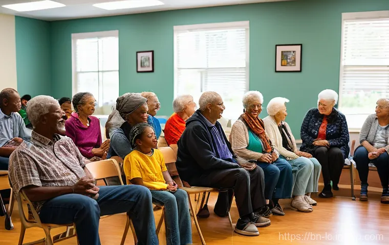 커뮤니티 내 친밀함 증가를 위한 활동 - **A Vibrant Community Discussion:** A diverse group of people from various age groups (children, adu...