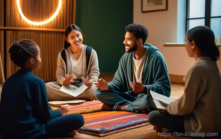 대화의 장을 여는 커뮤니티 이벤트 기획 - A cozy and inviting coffee break scene at a community gathering. Several small groups of people are ...