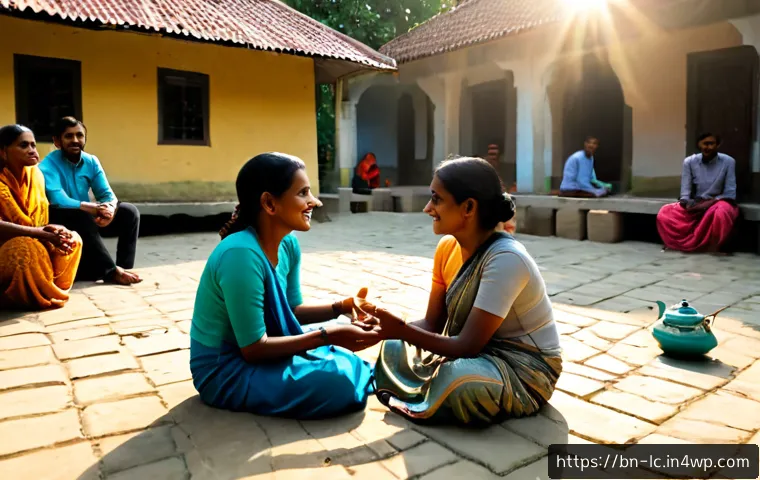 친밀한 커뮤니티에서의 소통 방식 - Photorealistic candid scene of a close-knit Bangladeshi neighborhood community gathering in a modest...