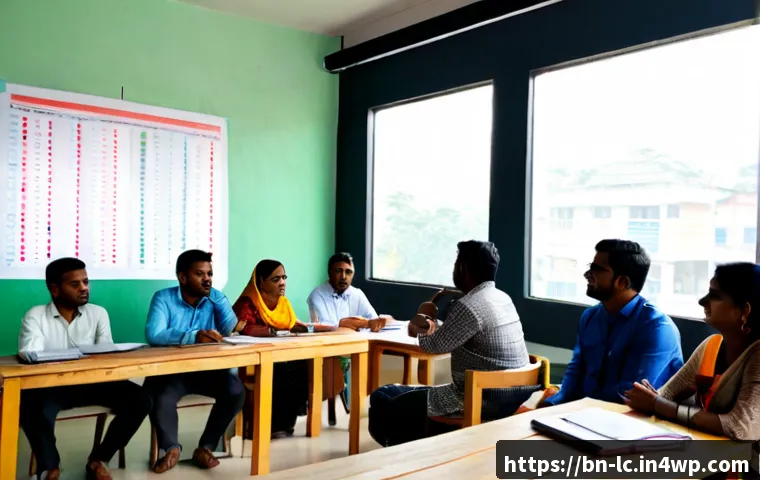 커뮤니티 성장 지표 및 평가 방법 - Photorealistic community growth evaluation meeting in a bright modern coworking space in Bangladesh,...